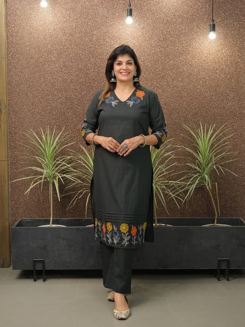 Black Cotton Embroidered Kurta Pant Set